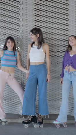 three friends posing on roller skates