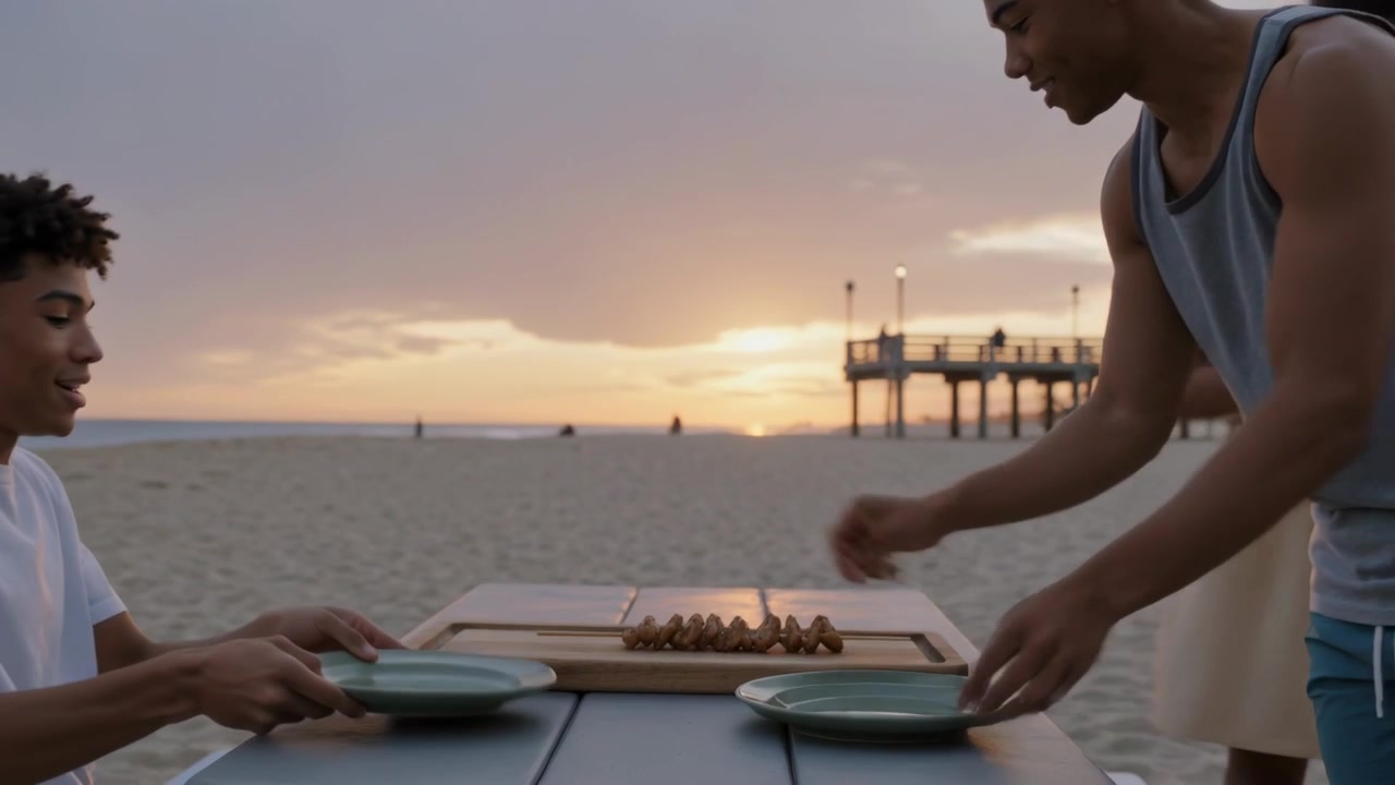 Placing board, man in white tee handing green plates, others passing skewers at beach sunset meal