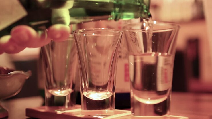 Primo piano di sake trasparente che si versa da una bottiglia verde in piccoli bicchieri a Tokyo