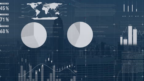 animation of infographic interface over aerial view of modern cityscape against sky