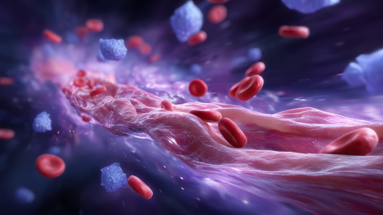 Dynamic Visualization of Blood Vessels and Red Blood Cells Flowing Through a Cosmic Environment, Illustrating the Essence of Human Circulation and Biological Life