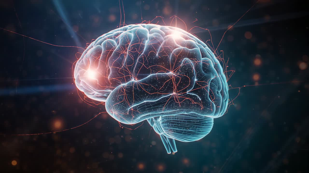 Lighting nodes on 3D brain, pulsing neural lines while rotating in digital void with lens flares