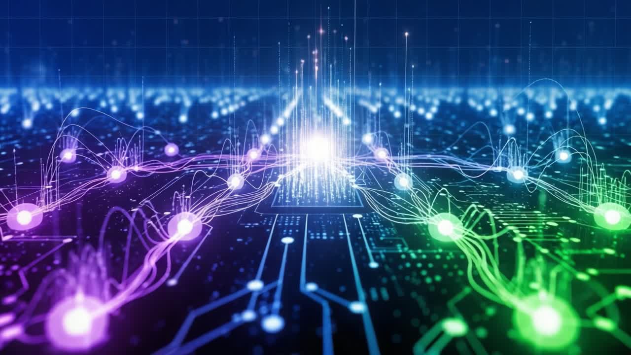 A Stunning Digital Landscape Showcasing Vibrant Light Patterns and Data Transmission in a Futuristic Circuit Board Environment, Illustrating Advanced Technology and Connectivity