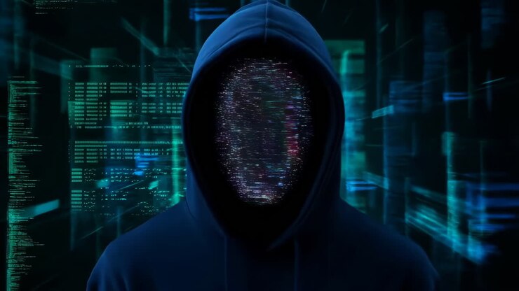 Hacker anonimo con felpa con cappuccio e volto digitale glitchato