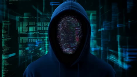 anonymous hacker in hoodie with glitching digital face