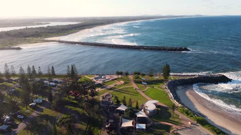 drone aerial shot of port macquarie hastings river scenery landscape inlet town beach skatepark mid north coast tourism nsw australia 4k