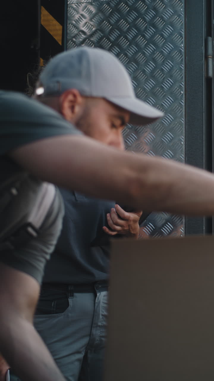 Delivery workers managing logistics with a tablet