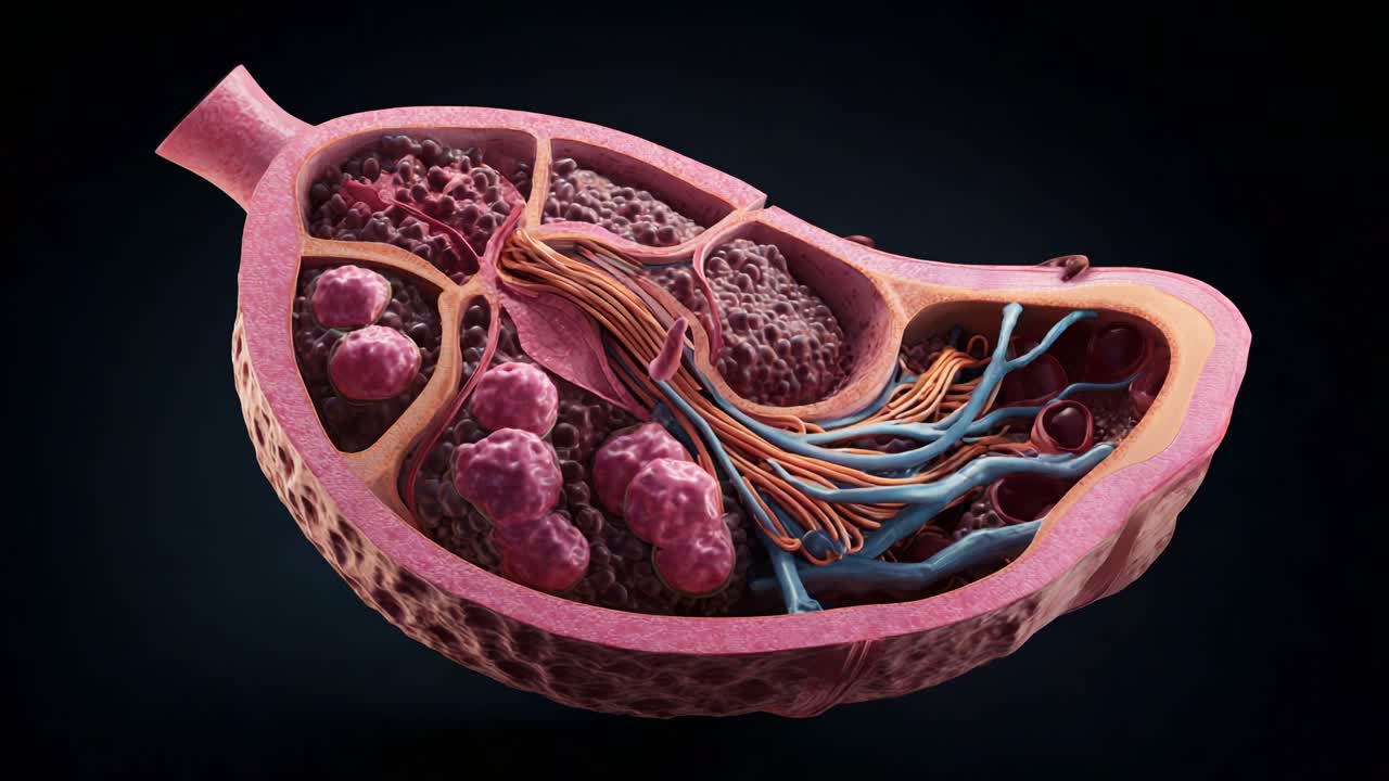 Detailed Anatomical Illustration of an Organ: Examining the Intricate Structure and Vascular Network within the Tissue, Showcasing Cellular Components and Connective Fibers