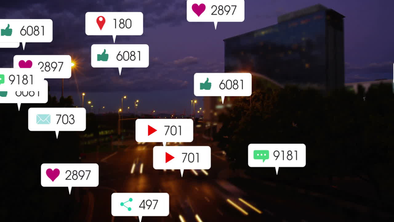 animación de iconos de redes sociales con números sobre el paisaje urbano