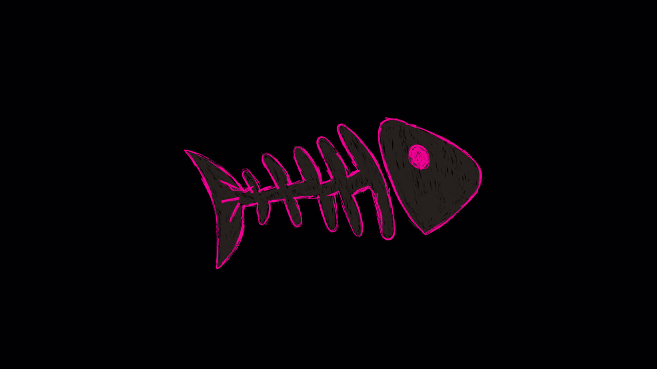 Animated Pink Outline Fishbone Wiggling on Black Background