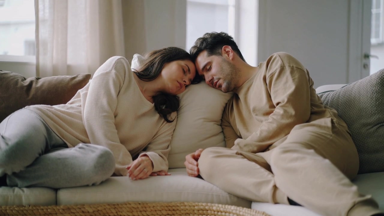 Dozing couple in loungewear prompted by daylight leaning on sofa in living room, with throw pillow