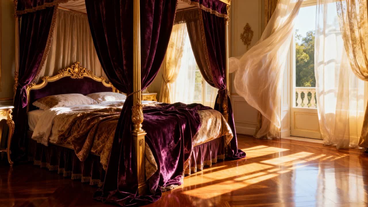 Tenda velata ondeggiante che si muove verso l'interno a causa del vento proveniente dal balcone in una sontuosa camera da letto, toccando un letto a baldacchino.