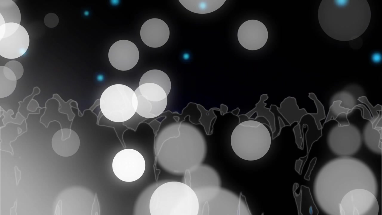 Sfere bianche luminose che appaiono e fluttuano su sagome scure che ballano, atmosfera di festa energizzante.