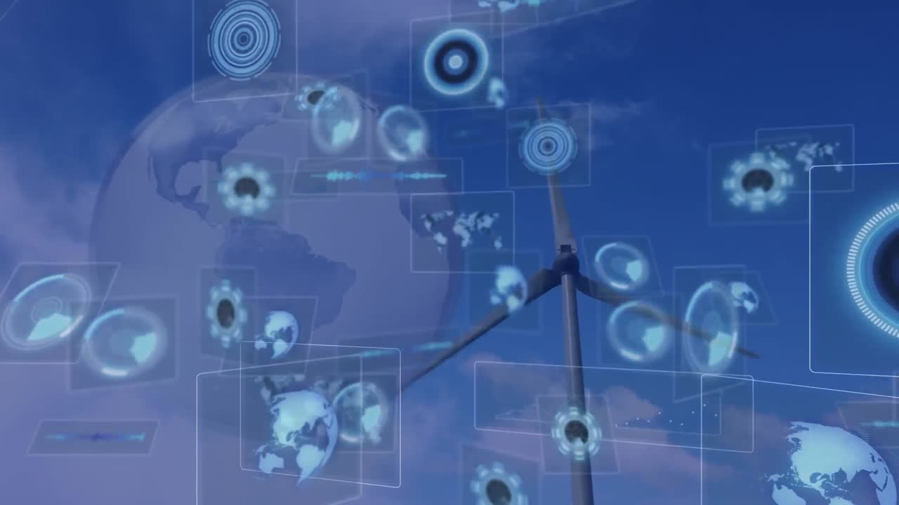 Animation of data processing with scope scanning and globe over wind turbine