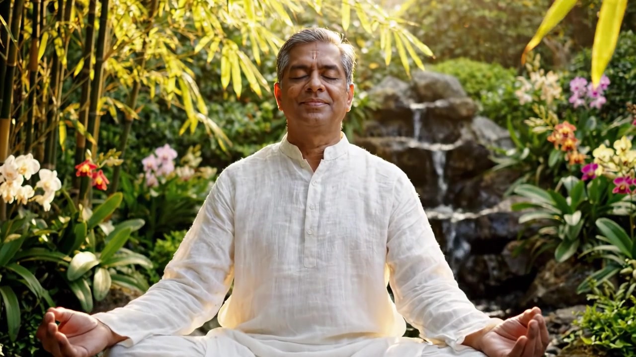 Meditazione serena in un'oasi giardino: un viaggio tranquillo di consapevolezza e pace interiore tra la bellezza e l'armonia della natura
