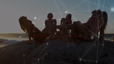 animation of networks of connections over happy group of friends having at the beach