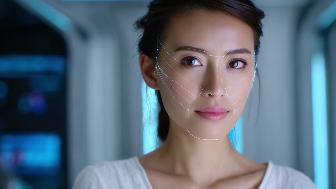 未来的な環境の中で、幻想的な輝きと表情を伴い、テクノロジーと美しさを表現する顔認識の線が入った女性の顔の魅惑的なクローズアップ