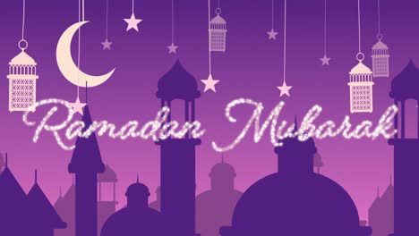 glittery ramadan mubarak greeting with mosques and lanterns with moon and stars