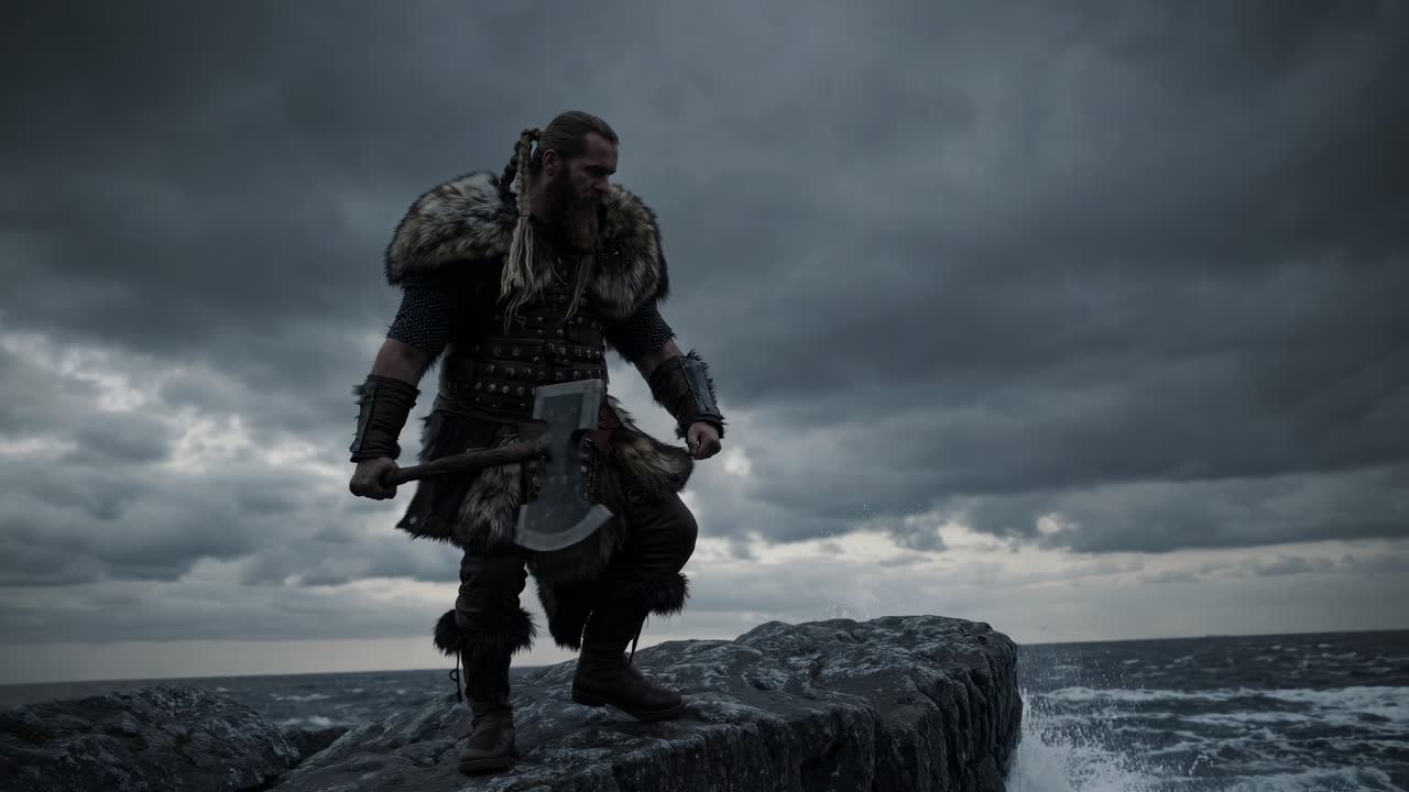A dramatic, low-angle video shot of a Viking warrior with an axe, standing on a rocky cliff