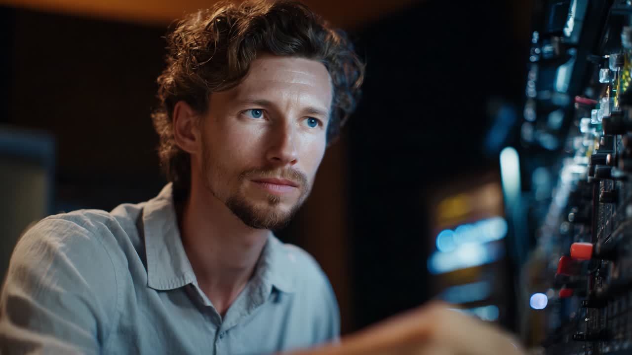 Focused Male Music Producer Adjusting Audio Equipment in a Studio During Recording Session, Demonstrating Technical Skills and Creative Process for High-Quality Sound Production