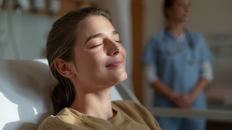 Una telecamera che inquadra un paziente sorridente sdraiato su un letto d'ospedale, un'infermiera con lo stetoscopio e la divisa blu che lo osserva