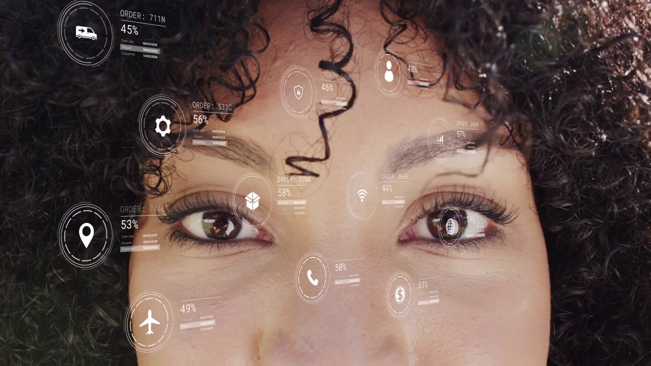 Woman lying on grass, HUD booting floating pins on face, eyes opening, bars updating for tech