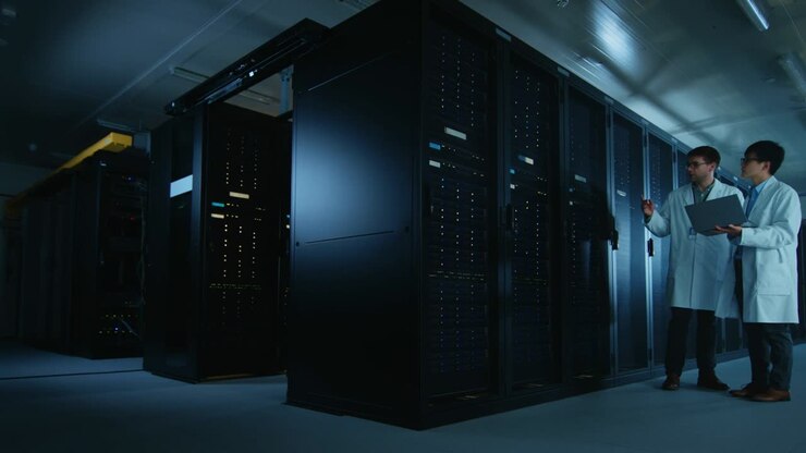 In the Data Center: Two IT Specialists Wearing White Lab Coats, Have Discussion about Working of Server Racks. Optimizing Work of Database. Cloud Computing, Artificial Intelligence Networking