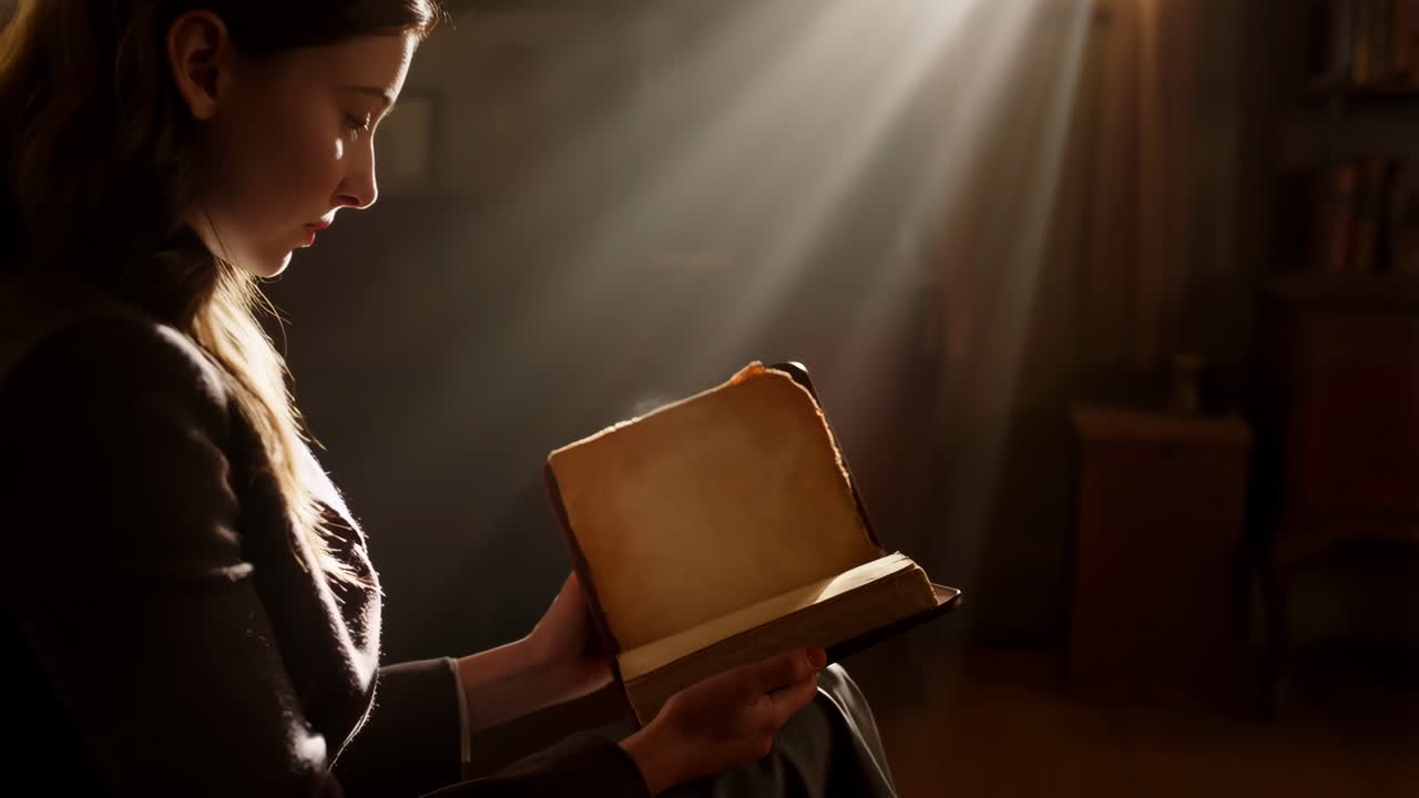 Молодая женщина читает старинную книгу, залитую солнечным светом