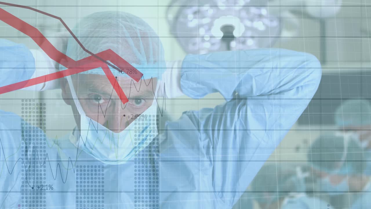 얼굴 마스크를 쓰고 있는 백인 남성 외과 의사에 대한 금융 데이터 처리