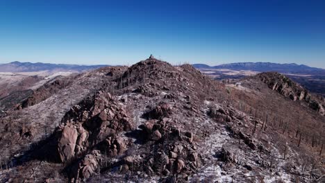 drone shot pushing up monjeau peak on a sunny day in the winter