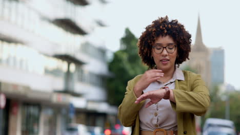 Woman,-taxi-stop-or-travel-in-city-checking-time