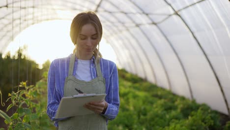 una joven agricultora en un invernadero cubierto, contabilizando plantas usando una tableta