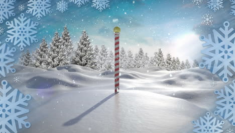 Animation-of-snow-falling-over-winter-scenery-with-north-pole-sign