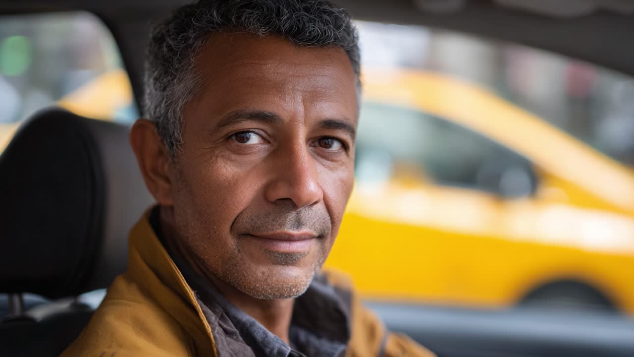 A thoughtful man gazes confidently from the driver's seat of a car, with a blurred yellow taxi in the background, capturing a moment of tranquility and engagement