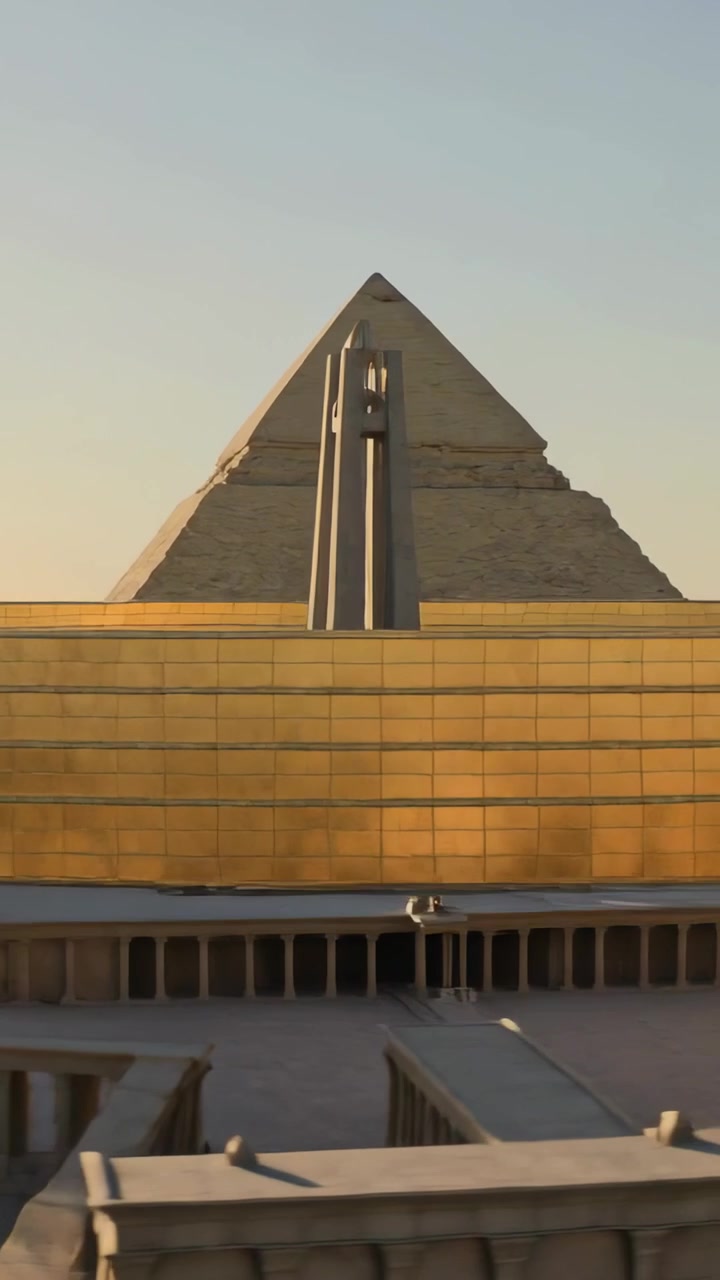 Video verticale: Drone che si alza e si allontana mappando un'alta guglia in una piazza con una fascia dorata e una piramide.