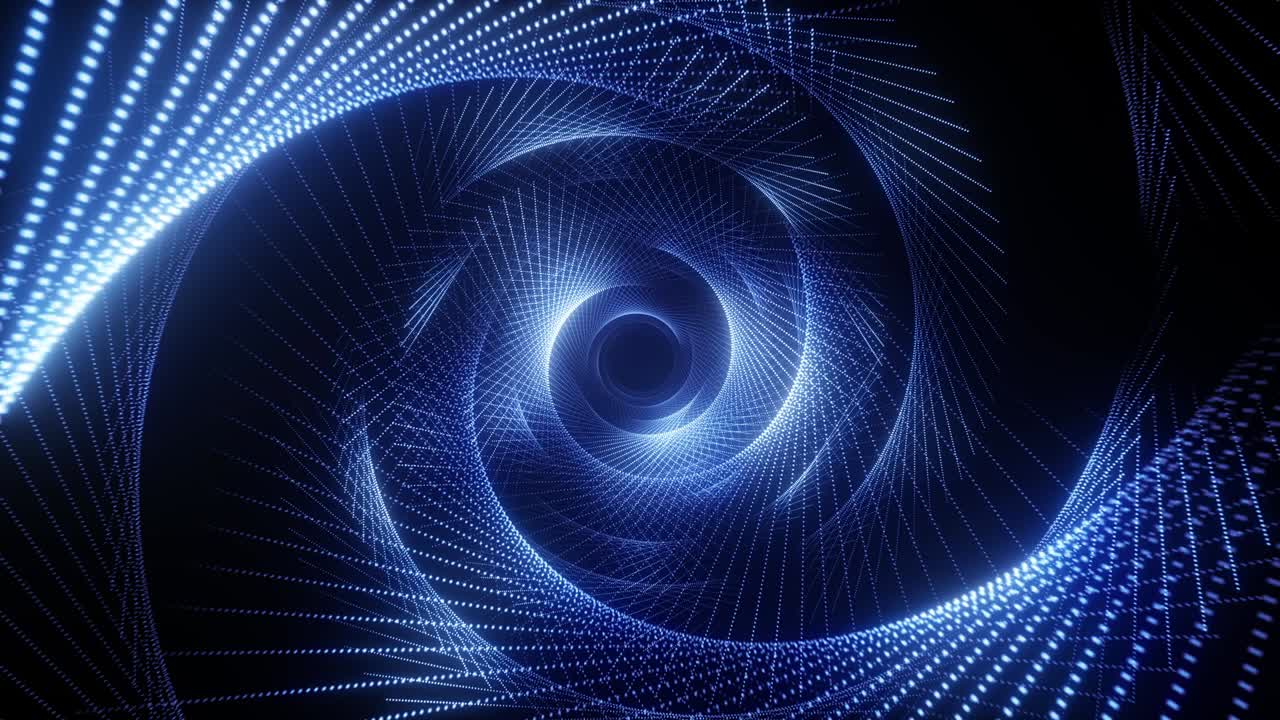 Abstract technological flight in digital space. Bright neon dots forming a data transmission tunnel. Modern blue light spectrum. Seamless loop 3d render