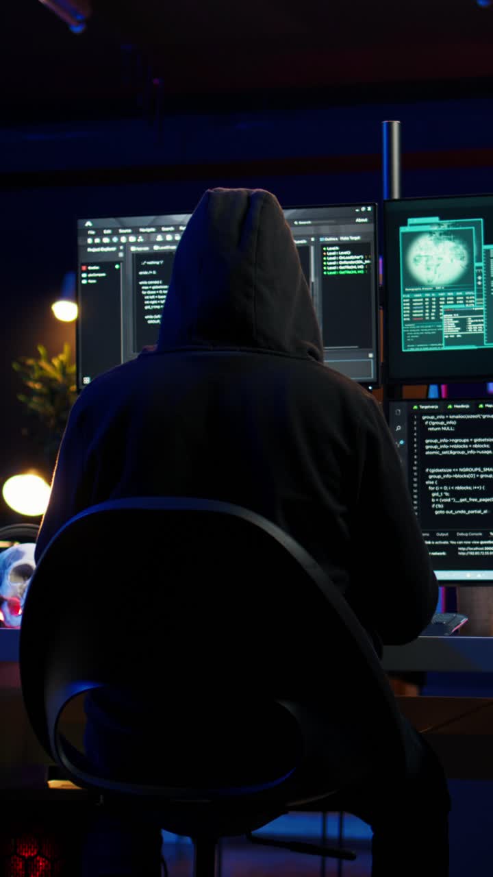 Hacker i en vertikal video, der nedbryder sikkerhedssystemers forsvar ved hjælp af ondsindede scripts