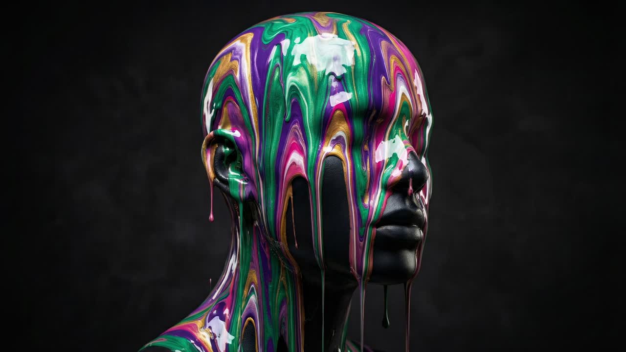 Expressive studio image showcasing model with flowing multicolored paint on skin and subtle motion