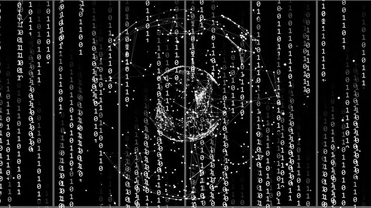 Animation of binary coding and data processing over globe