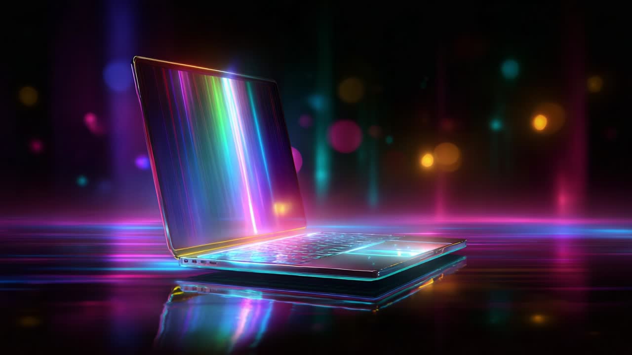 A Vibrant, Glowing Laptop Displaying Colorful Light Reflections Against a Dark Background, Capturing the Essence of Digital Creativity and Modern Technology in a Stunning Visual Presentation