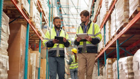 warehouse workers inspecting inventory with tablets