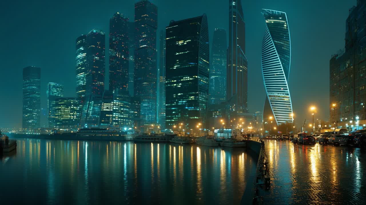 Captivating Urban Nightscape: A Glimpse of Modern Skyscrapers Illuminated by City Lights and Reflected in Tranquil Waters