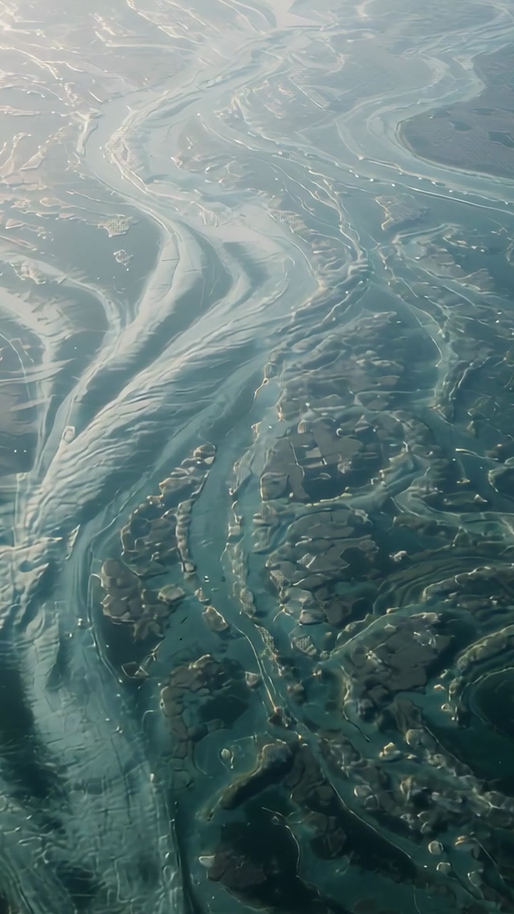 Vertical video: Drifting drone revealing braided water over sea to show channels, foam, islets