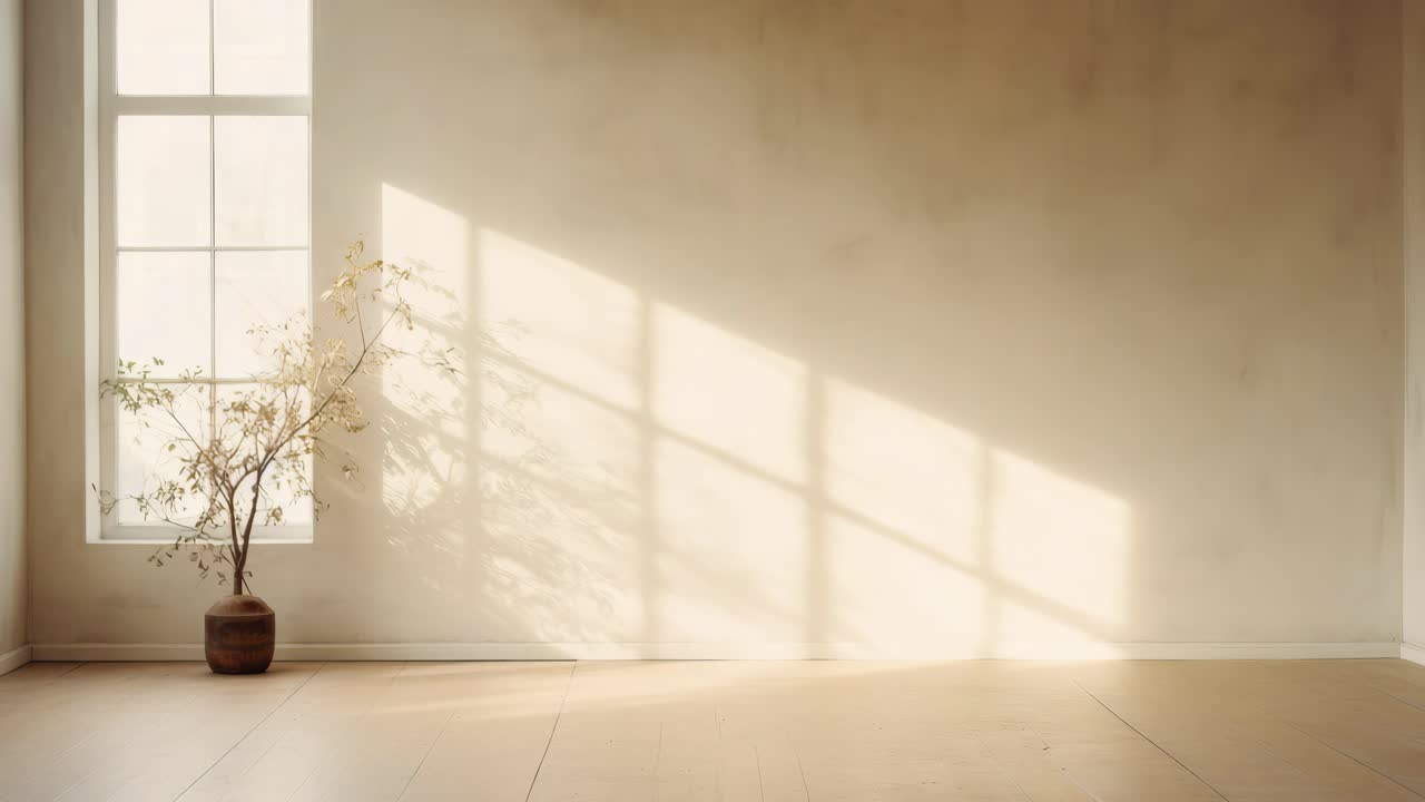 Minimalist interior with soft lighting and a potted plant by a window