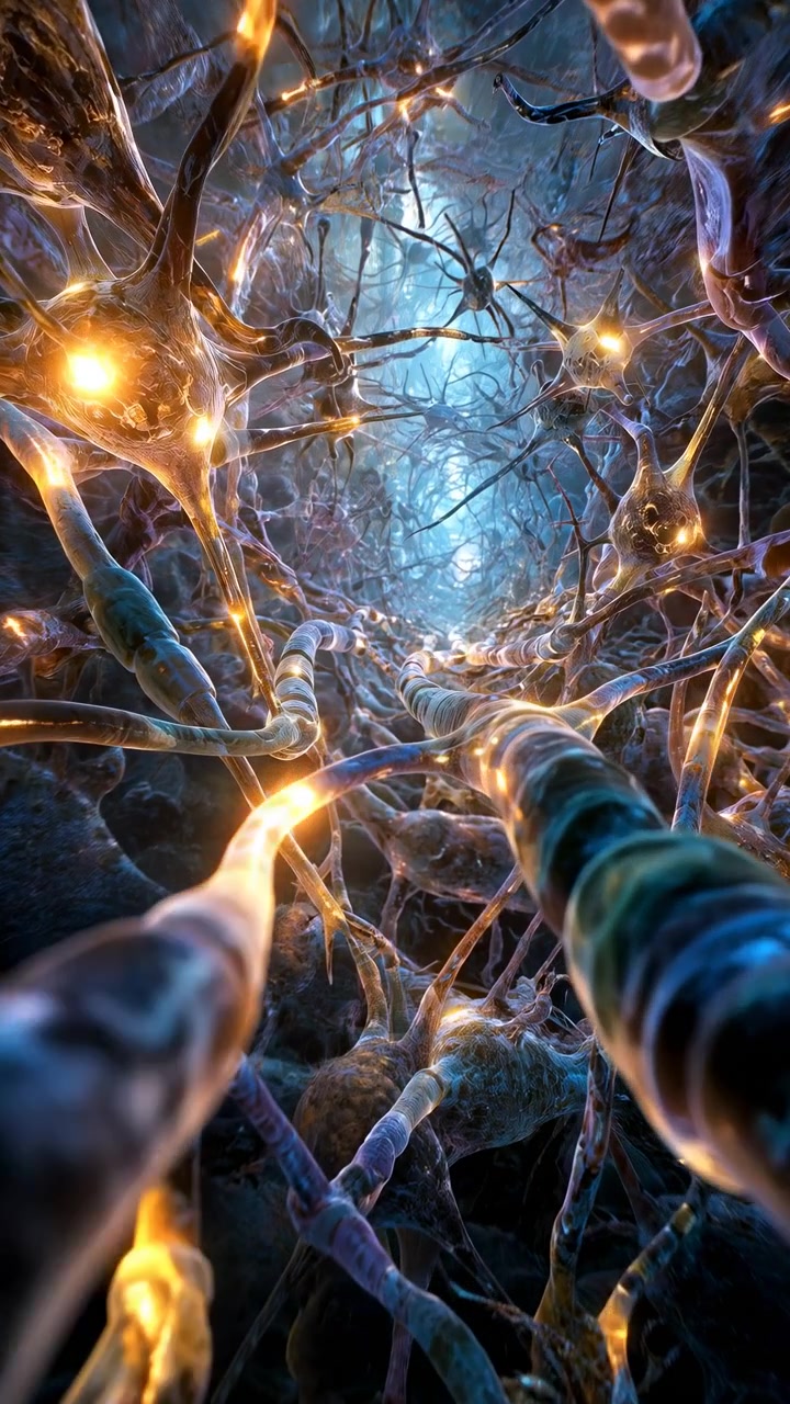 La vista avanza tra cellule nervose ramificate mentre punti dorati si illuminano lungo fibre curve, con una profondità blu fredda, connessioni stratificate e strutture delicatamente illuminate che riempiono l'inquadratura verticale