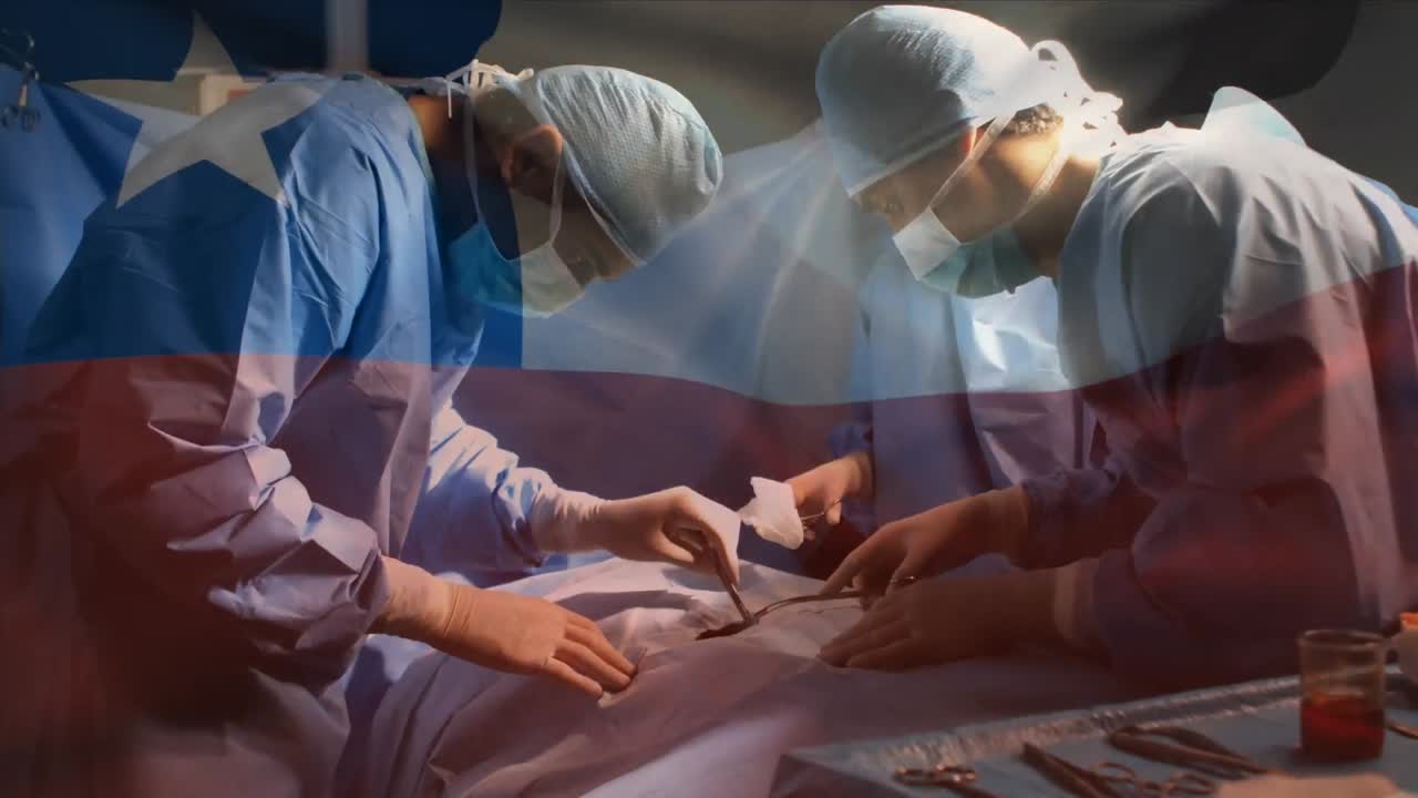 Animation of flag of chile waving over surgeons in operating theatre