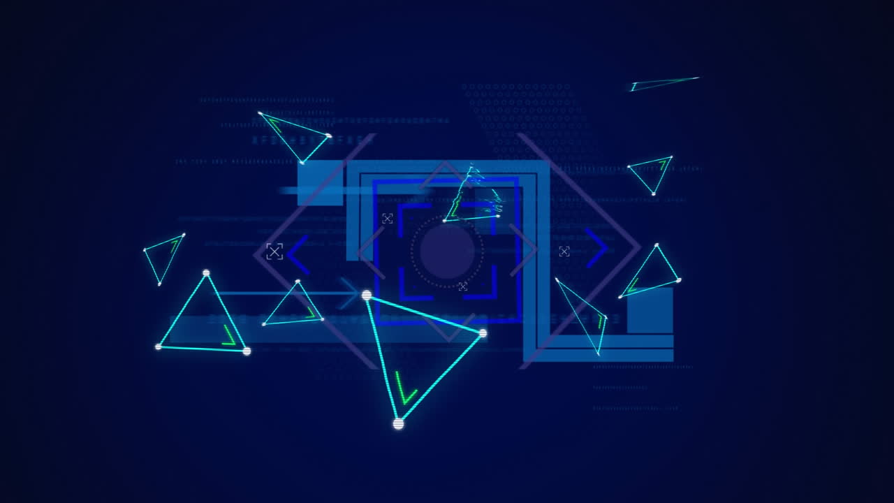 파란색 배경에 회전하는 사각형과  ⁇ 박이는 삼각형의 애니메이션