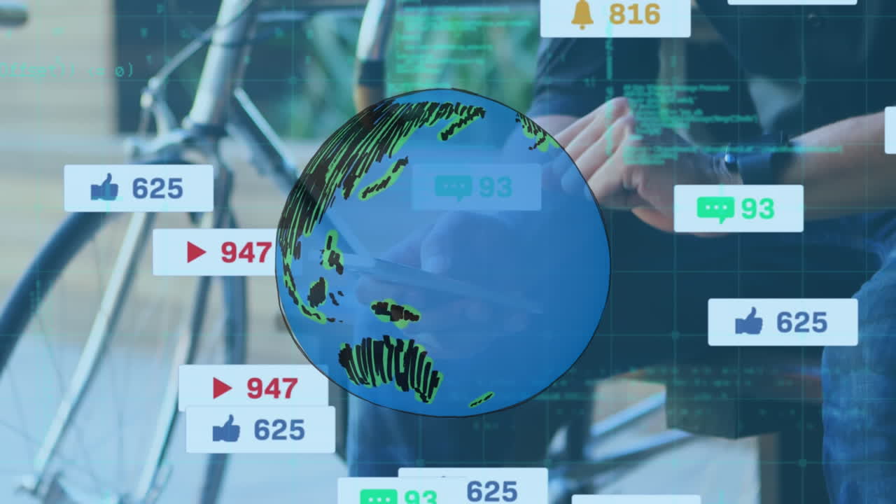 전 세계, 소셜 미디어 아이콘의 애니메이션과 스마트폰을 사용하는 인간에 대한 데이터 처리