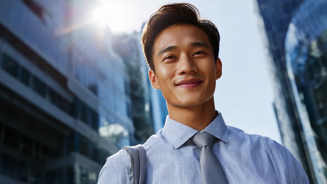 A confident young professional in business attire stands outdoors, basking in the sunlight, as urban skyscrapers reflect light around him, showcasing a perfect balance of ambition and tranquility