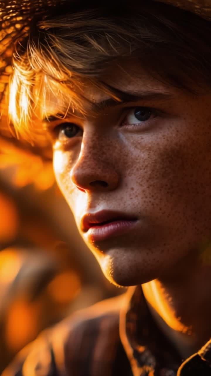 A Thoughtful Portrait of a Young Individual With Freckles in Natural Light, Capturing Emotion and Expression Amidst a Warm Sunset Background